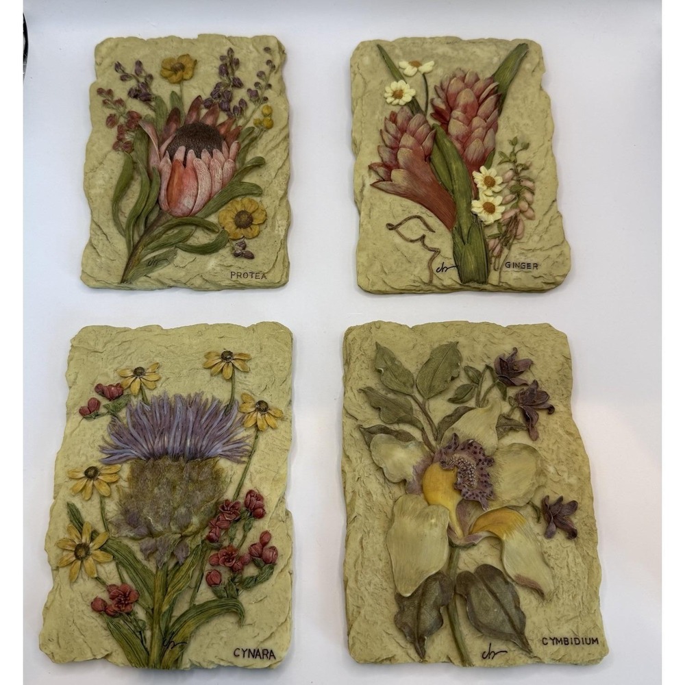 Set 4 Vintage Cherri Blum Wall Plaques Art 3D Floral Tiles Cynara Protea Ginger - Picture 13 of 13